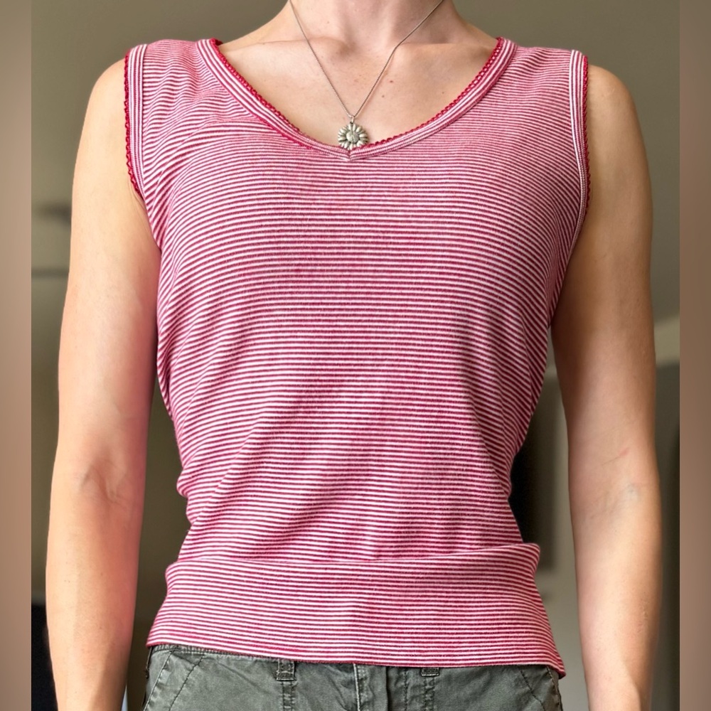 Vintage Lace Trim Red And White Striped Tank Top Blouse Karen Scott M
